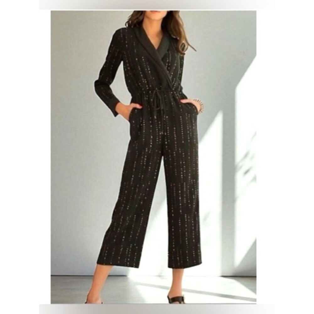 Trina Turk Celebration Black Crepe Metallic Evening Drawstring Jumpsuit Size 4
